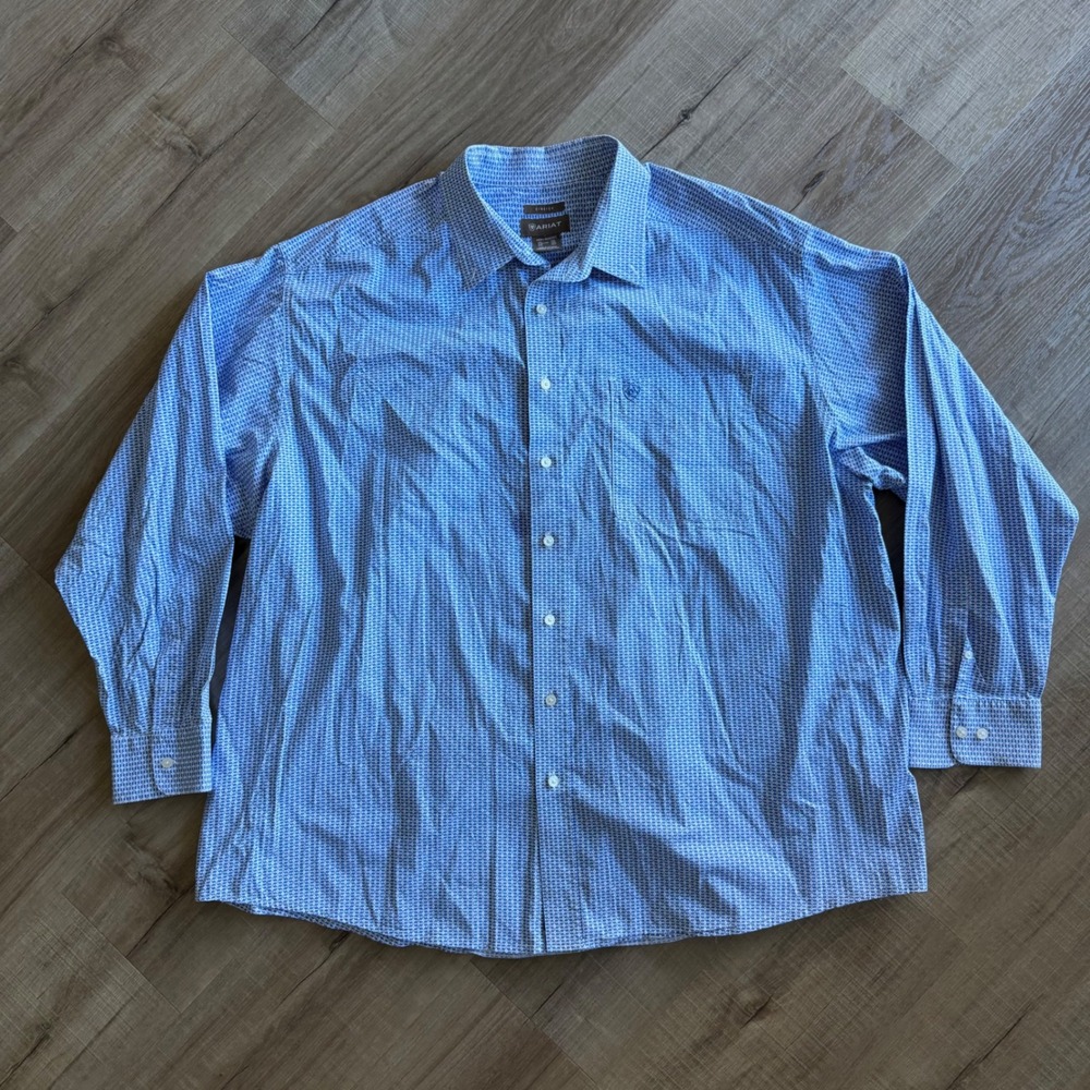 Ariat Mens 3XL Blue White Geometric Print Stretch Long Sleeve Button Down Shirt
